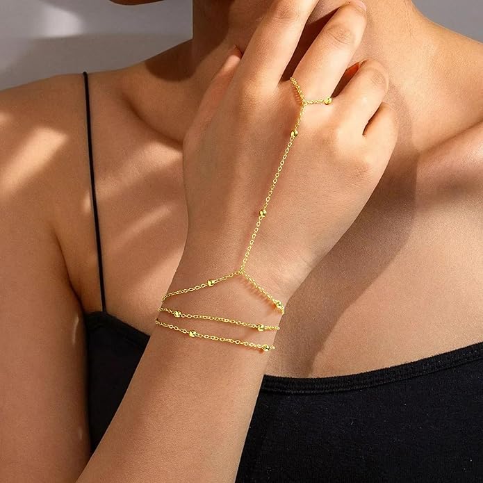 Yoosteel Hand Chain Bracelet for Women - Valentines Gifts Dainty 14K-Gold-Plated Finger Ring Hand Chains Layered Trendy Link Bracelets Jewelry Gift for Women