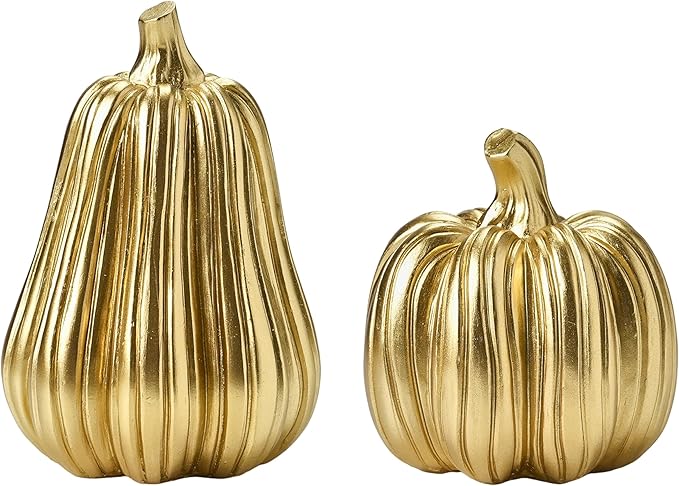 Gold Pumpkin Decor with Stripes, 2Pcs Resin Pumpkins for Decorating, Decorative Pumpkins for Fall Tabletop Decoration, Indoor Home, Autumn Kitchen, Thanksgiving Mantel Decor