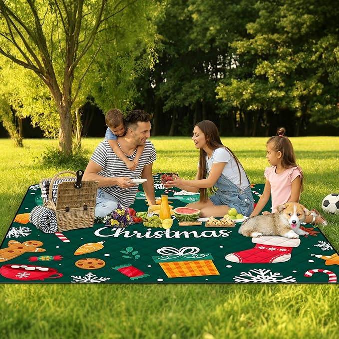 Poedist Extra Large Christmas Picnic Blanket Waterproof,80"x 80"Foldable Machine Washable Beach Blanket,Outdoor Blanket for 6-8 Adults,Suitable for Crawling,Park Beach,Camping,Hiking,Family
