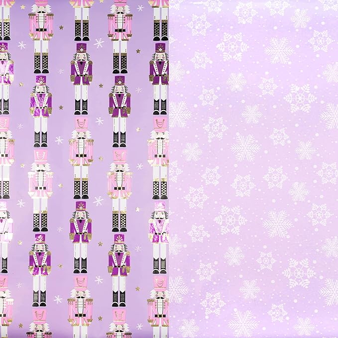 RUSPEPA 30" X 32.8' Reversible Christmas Wrapping Large Paper Roll, Jumbo Roll, Gold Foil Purple Nutcracker Soldier and Snowflakes Design Gift Wrap for Girls, Women, Family, Xmas Holiday Gifts