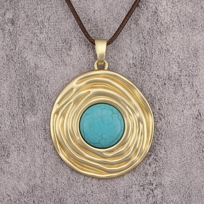 Boho Leather Necklace Women Bohemian Brown Circle Pendant Necklace Choker Long Necklaces for Women Boho Ring Large Pendant