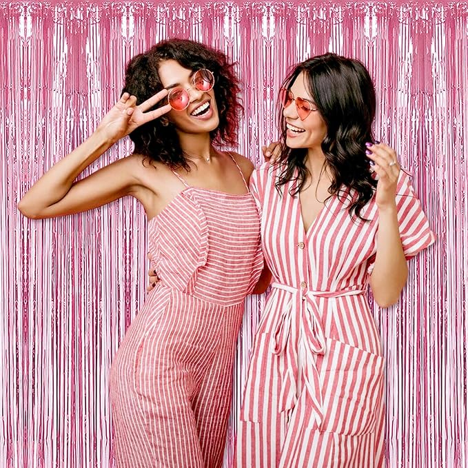 3 Pack Pink Foil Fringe Curtains Backdrop, 3.28 x 8.2 Ft Metallic Streamers Tinsel Curtains Background for Photo Booth, Birthday, Halloween, Christmas, Thanksgiving, New Year Party Decorations