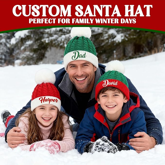 Custom Santa Hat for Adult Kids Personalized Gift Christmas Hats Monogram Red Santa Beanie Boy Girl Winter Knit Hat