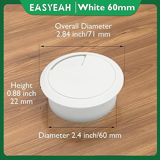 2 Pcs Desk Grommet 2-3/8" / 60 mm, Desk Cord Hole Cover, Cable Grommet ABS Plastic, Desk Hole Grommet for Home & Office Pc, Detachable Adjustable Cable Cord Organizer-White