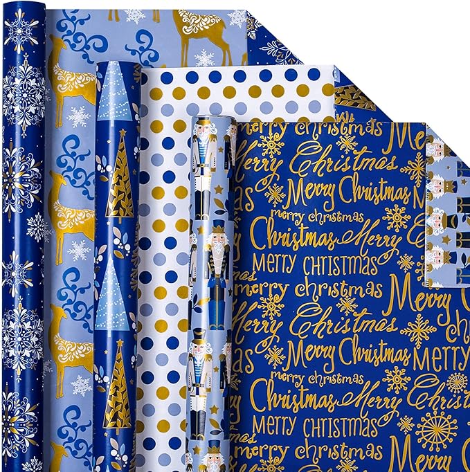MAYPLUSS Nutcracker Christmas Gift Wrapping Paper - 17 In x 120 In Per Roll - Reversible Magic Navy Nutcracker, Midnight Snowflake, Tree Design Seasonal Gift Wrap Paper for Holiday, Christmas Ornament