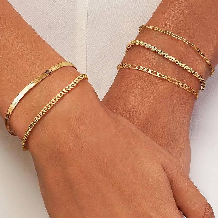 Krfy 5/6Pcs Gold Plated Bracelets for Women Trendy, S925 Plated Silver Bracelet Stack, Non Tarnish Waterproof Bracelets for Women, Paperclip Herringbone Figaro Cuban Twist Chains, Size 6.5''+2''