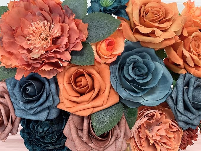 Roses Artificial Flowers Bouquet Box Set Fake Flower for DIY Bridal Wedding Shower Decorations Centerpieces for Table Faux Silk Floral Arrangement for Party Home Decor Indoor Teal Orange