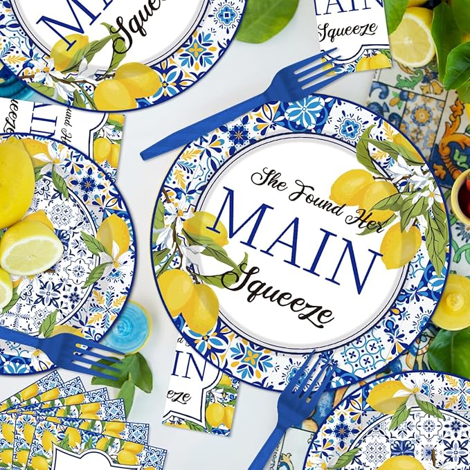 96PCS She Found Her Main Squeeze Plates and Napkins Party Supplies Lemon Bridal Shower Decorations Blue Tiles Lemon Weeding Engagement Disposable Paper Tableware Set Serves 24 Guests