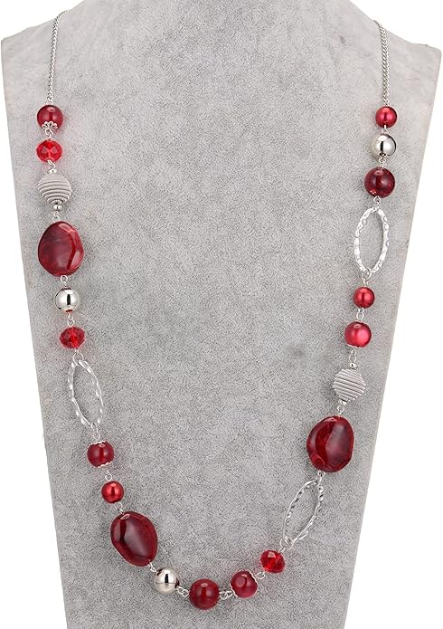 BULINLIN Beaded Long Necklace for Women Silver Sweater Chain Necklace with Crystal Resin Beads, Fashion Jewelry Necklace