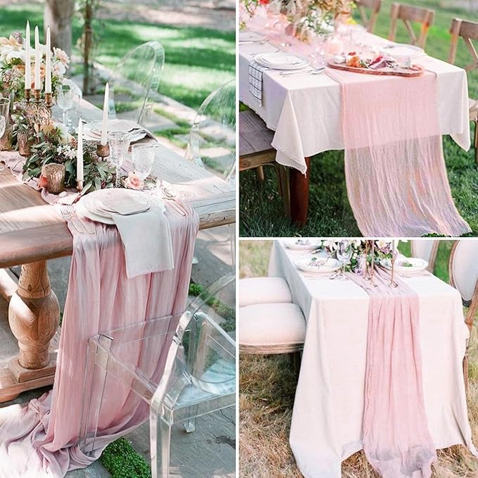 6 Pack Pink Cheesecloth Table Runner 10FT Boho Gauze Fabric Table Runner 35 x 120 Inch Rustic Sheer Runner for Centerpiece Wedding Decor Baby Shower Party Boho Table Decoration(Pink)