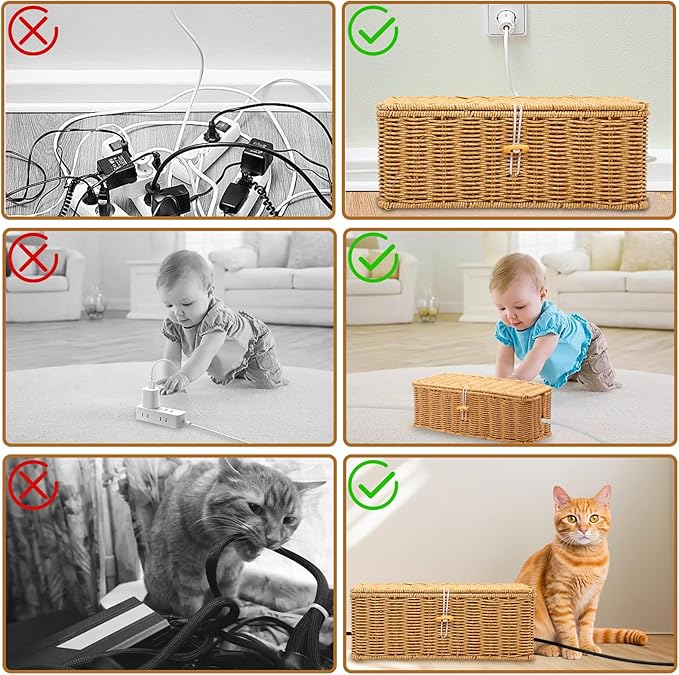 Cable Management Box, Handmade Imitation Rattan Cord Cable Organizer, Cable Raceway Open Slots Cords Hider Box for Computer Router USB Hub & Power Strip