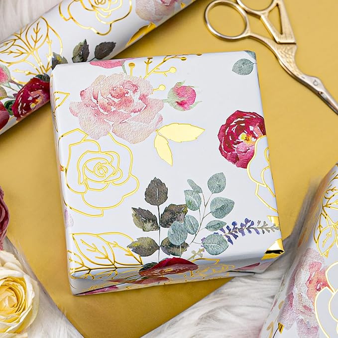 Merture Wrapping Paper Roll with Watercolor Roses - 17 In x 32.8 Ft (46.5 sqft) Foil Floral Gift Wrap with Matte Gold Reverse for Mother’s Day, Wedding, Birthday, Bridal Shower, Valentines Day