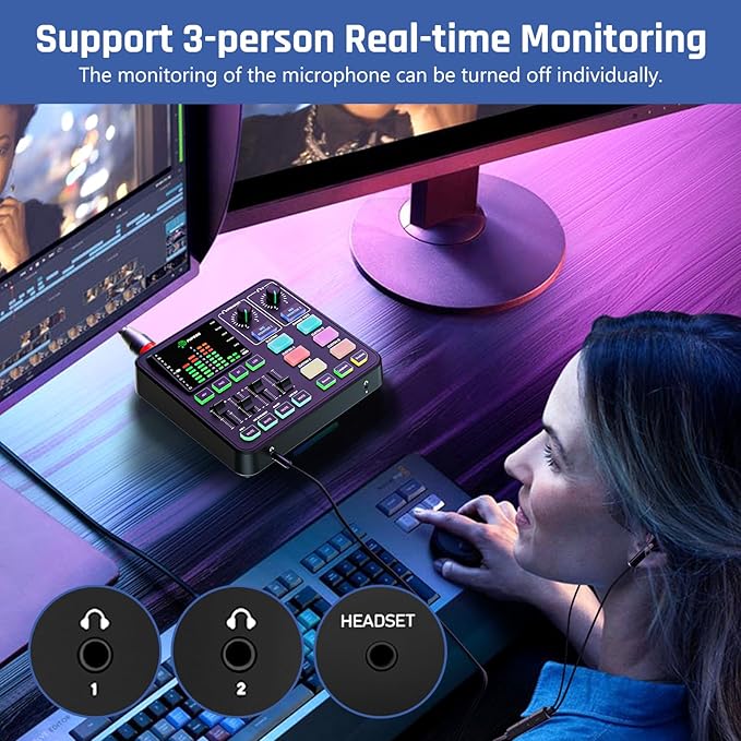 PUPGSIS Gaming Audio Mixer, Audio Interface for PC/Podcast/Streaming, Sound Board with 3.5mm/XLR Mic Input, 48V Phantom Power, Voice Changer, Live Sound Card with DJ Mixer Effects/Bluetooth/4 Channel
