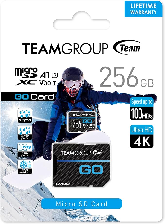 TEAMGROUP GO Card 256GB Micro SDXC UHS-I U3 V30 4K for GoPro & Action Cameras High Speed Flash Memory Card with Adapter for Outdoor, Sports, 4K Shooting TGUSDX256GU303