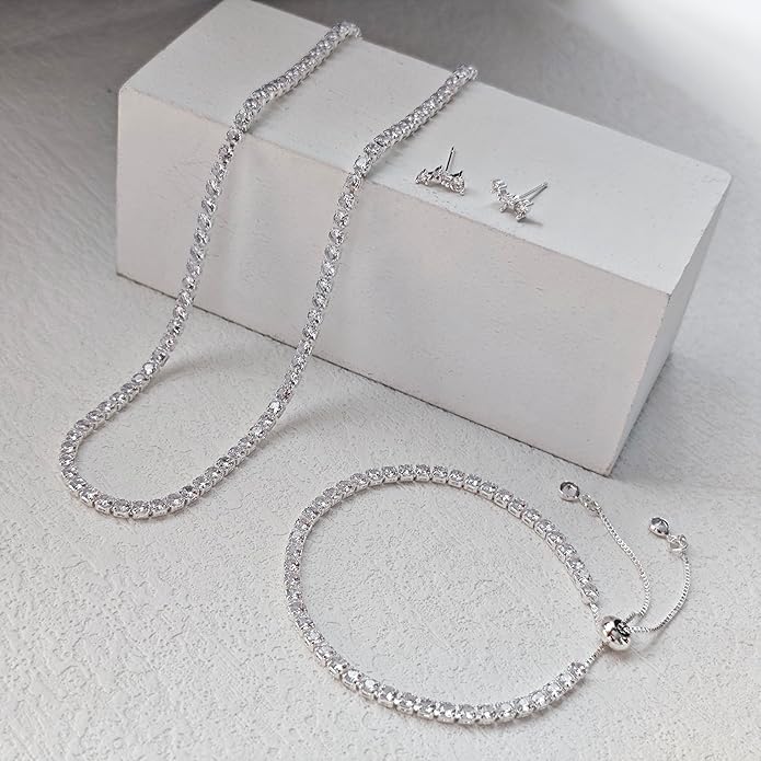Tennis Necklace Bracelet for Women, Dainty Sterling Sliver Choker Necklace Crystal Link Bracelet Stud Earrings for Women Wedding Jewelry for Bride Jewelry Set Accessories