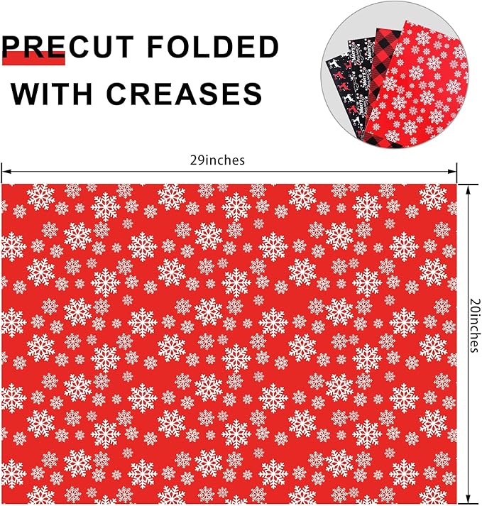 PlandRichW Christmas Wrapping Paper 12 Sheets Folded for Kids Boys Girls Men Women Gifts. Red, Black and White, Greetings, Reindeer, Plaid and Snowflakes, 20 X 29 Inches Each