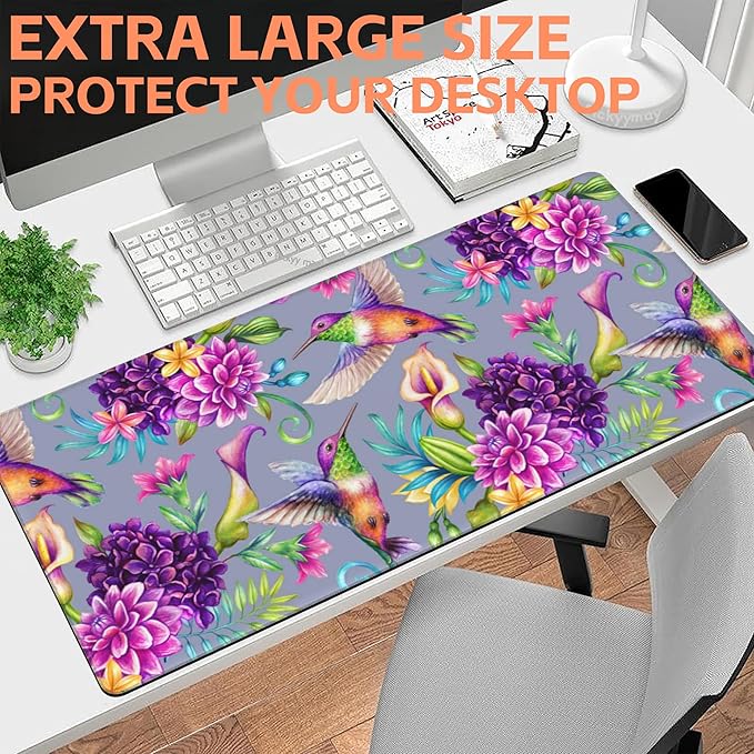 Mouse Pad Large Humming Bird and Flowers Non-Slip Gaming Desk Mat with Stitched Edge Laptop Keyboard Desk Pad for Work Home Gaming (35.4 x 15.7 Inches)