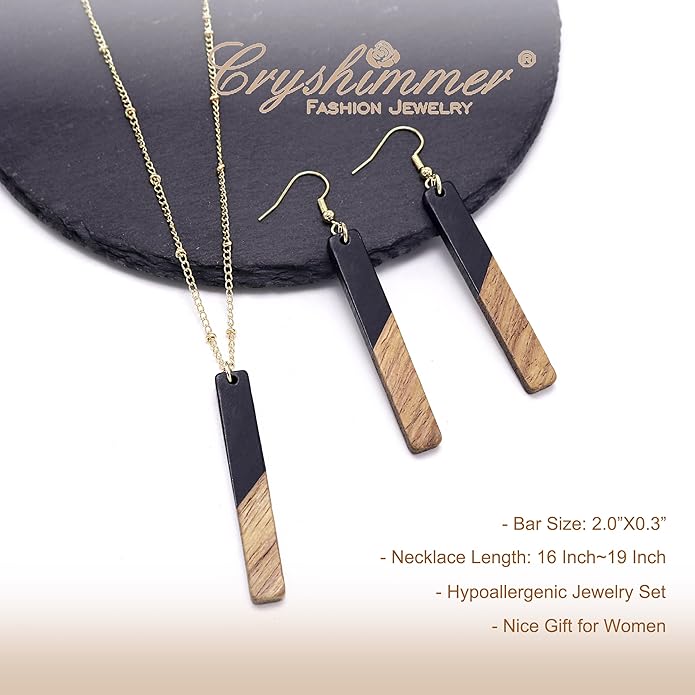 Bar Necklace Earrings for Women 16K Gold Plated Trendy Geometric Jewelry Set Boho Lightweight Wooden Resin Bar Pendant Necklace Dangle Earring Set,Gift for Her,Mom,Wife