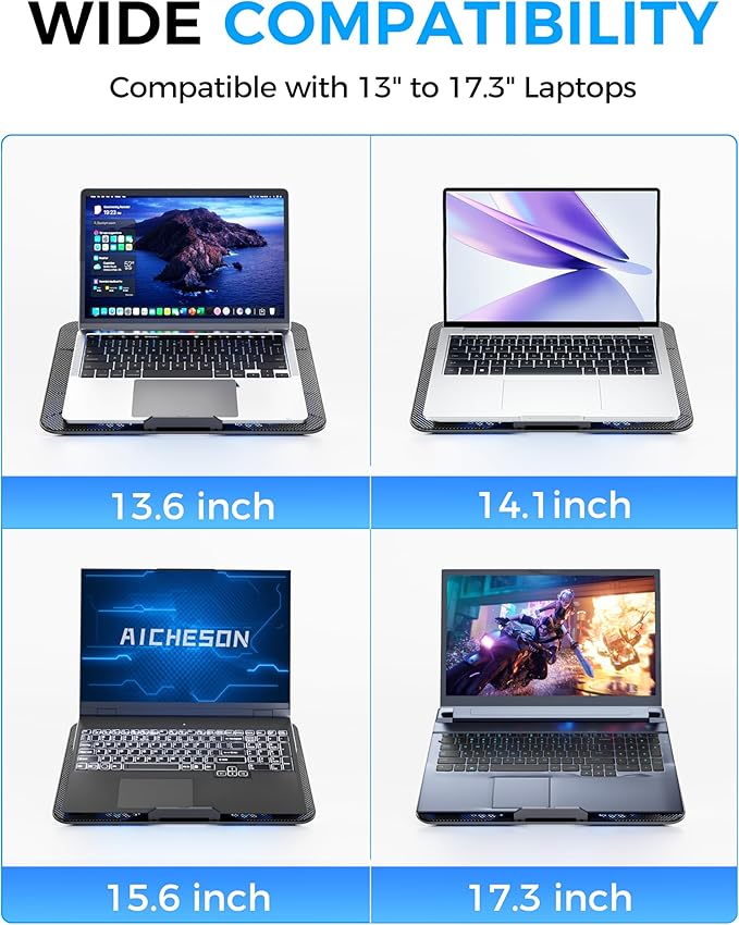 AICHESON Laptop Cooling Pad with 6 High-Speed Fans, Computer Cooler with 7 Adjustable Angles, Compatible with 13-17.3 Inch Laptops