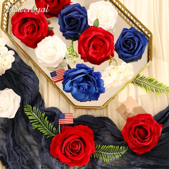 Floweroyal 4th of July Flowers Patriotic Flowers Fake Roses with American Flags for Independence Day, Memorial Day, Floral Arrangement, Table Centerpieces, Home Decorations (Red, Blue, White)