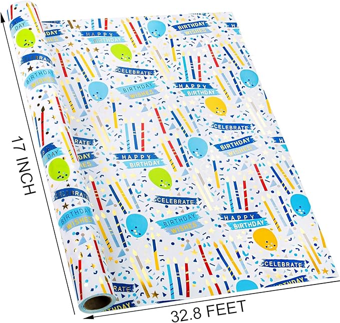 MIMUTI Blue Birthday Wrapping Paper for Boys - 17 Inch X 33 Feet - Foil Gift Wrap with Colorful Balloons, Candles, HappyBirthday Text Design for Birthday, Holiday, Party, Baby Shower