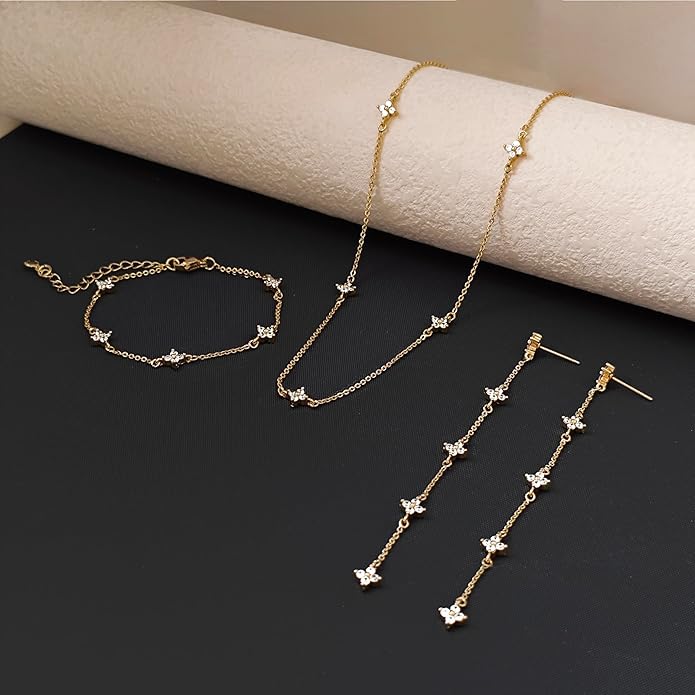 Tennis Necklace Bracelet for Women, Dainty Sterling Sliver Choker Necklace Crystal Link Bracelet Stud Earrings for Women Wedding Jewelry for Bride Jewelry Set Accessories