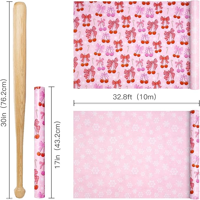 RUSPEPA Reversible Christmas Bow Wrapping Paper Roll, Mini Roll, Pink Romantic Cherry Bow and Candy Cane Design, White Snowflake Gift Wrap Paper for Girls, Women, Holiday Gifts, 17 Inches x 32.8 Feet