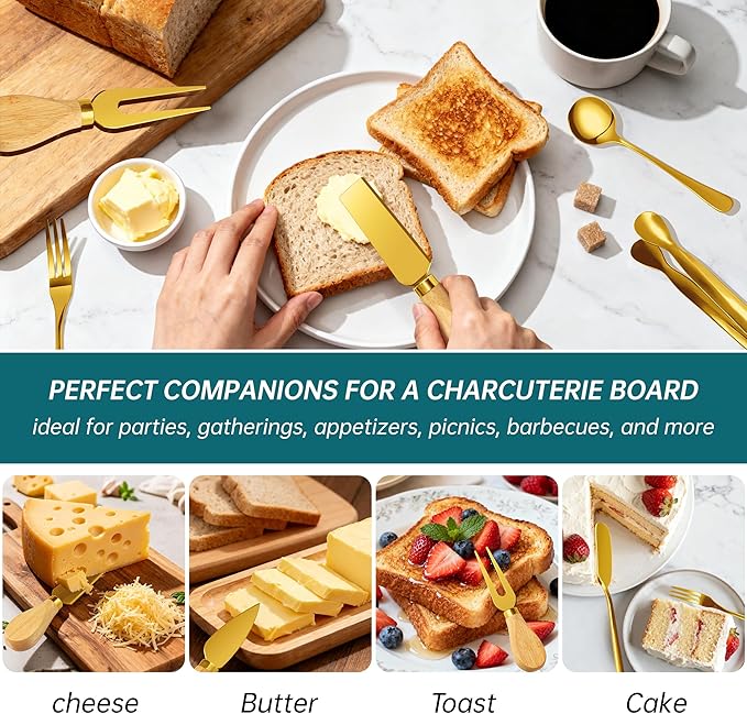 Charcuterie Boards Accessories Bowls Gold, Cheese Butter Spreader Knife Set Mini Serving Tongs, Forks, Spoons,Dipping Bowls with Lids, Toothpick Flags, Honey Dippers For Party Platter Making