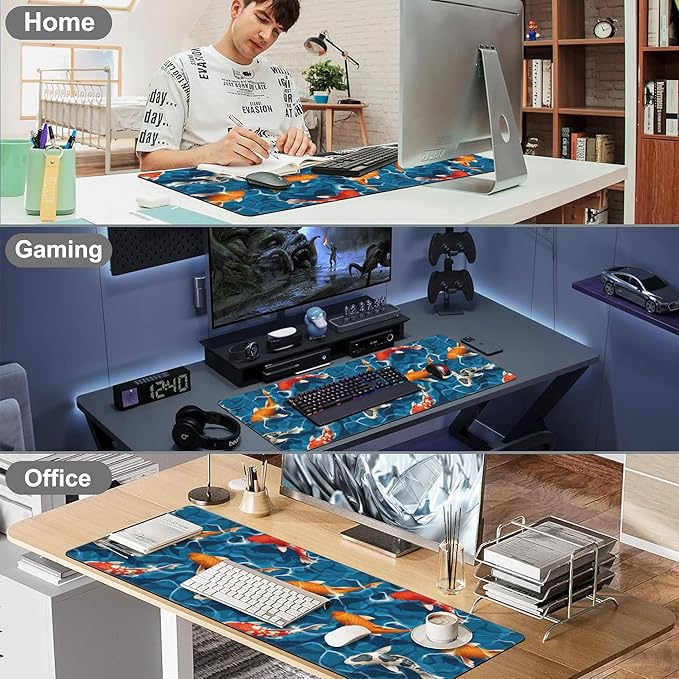 Koi Carps Desk Mat,Large Swimming Koi Fish Gaming Keyboard Mouse Pad,Non-Slip Rubber Base Desk Pad Thick Stitched Edges Waterproof Mousepad Mouse Mat 31.5"x11.8"