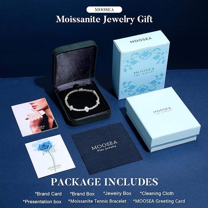 MOOSEA Valentines Day Gifts for Her - Clover Moissanite Tennis Bracelet, Lab Created Moissanite, 6.28-6.68 ct.tw, 925 Sterling Silver Tennis Bracelet for Women Anniversary Birthday Gifts 7.0-7.5INCH