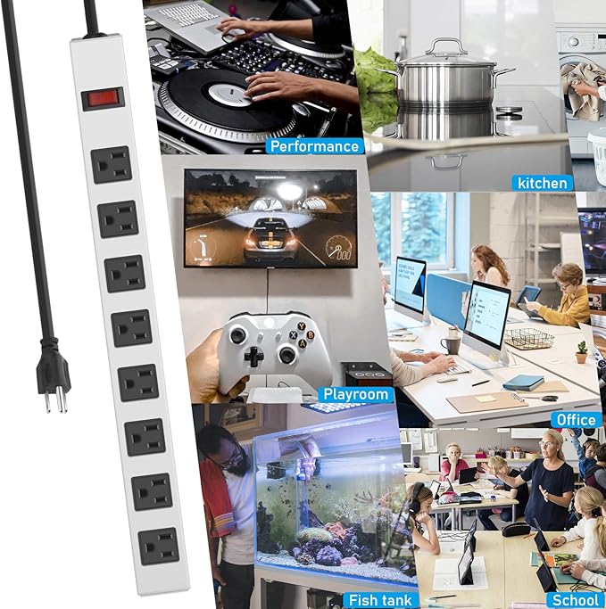JUNNUJ Metal 8 Outlet Power Strip, Mountable Heavy Duty Power Strip, 1200J Surge Protector Wall Mount Screws Outlet with Switch, Gaming Desk Strips Wide Spaced 15A 125V 1875W, 10 FT 14AWG Power Cord