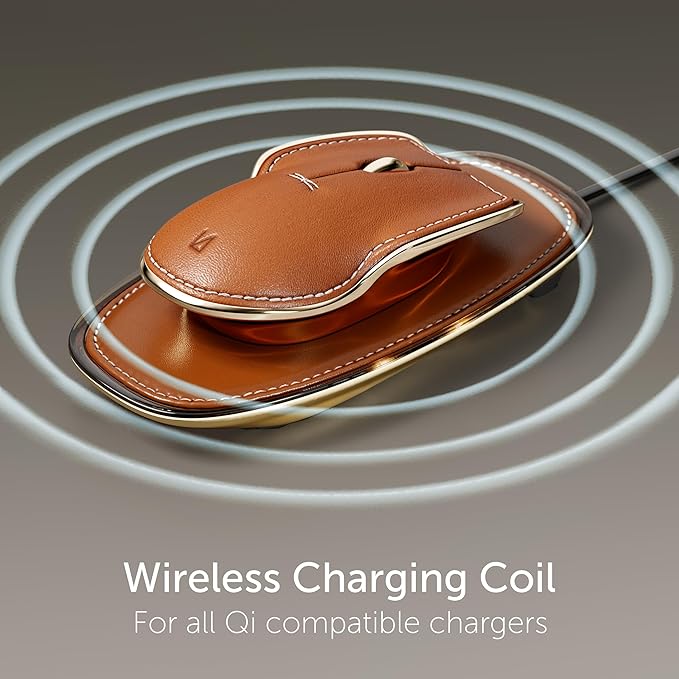 LUNAR ARTEFACTS Ambidextrous Rechargeable Bluetooth Wireless Computer Mouse Brown French Leather and Aluminum, Qi Enabled USB-C