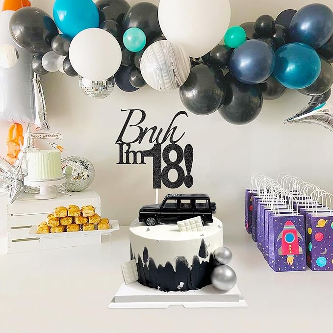 Bruh I'm 18 Cake Topper - Black Glitter Happy 18th Birthday Decorations for Boys Teens, Funny 18 Year Old Party Supplies, Bro I'm 18 Cake Decor (Bruh I'm 18!, 18th black)