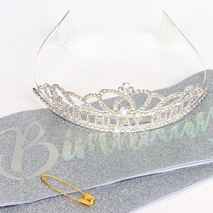 CAVETEE Birthday Headband for Women,Silver Birthday Crowns & Sash - Queen Tiara for Party