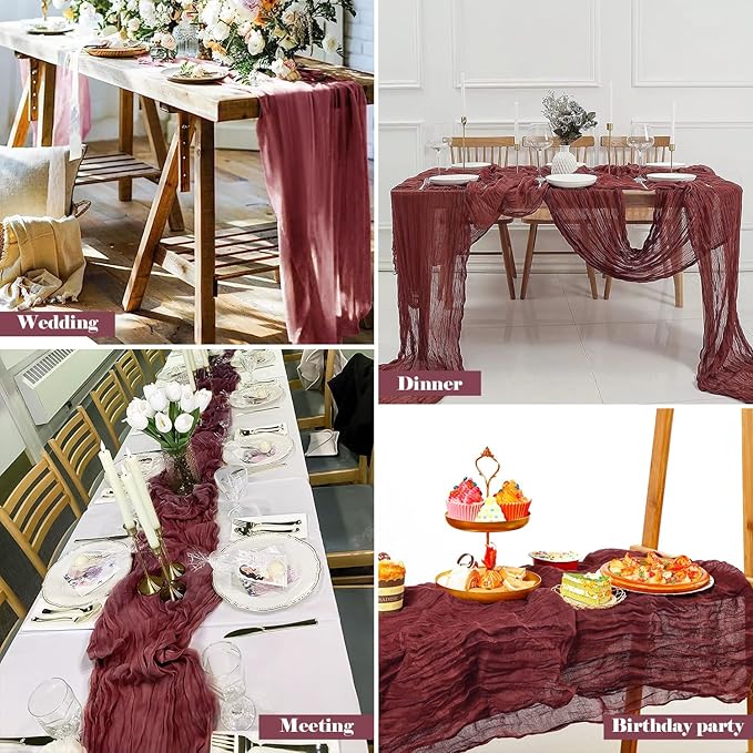 2 Pack 10 Ft Cheesecloth Table Runner Burgundy Gauze Long Table Runners Boho Gauze Cheese Cloth Table Runner Rustic Sheer Runner for Wedding Party Table Decor ( 35 x 120 Inch )