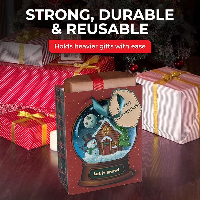 RACHELLE'S Snow Globe Christmas Gift Bags – Small 9"x7"x3" (4-Pack) – Sturdy Paper Gift Bags with Tissue Paper, Tag and Handle – Let It Snow – Perfect for Christmas Holiday Gifting & Party Favors