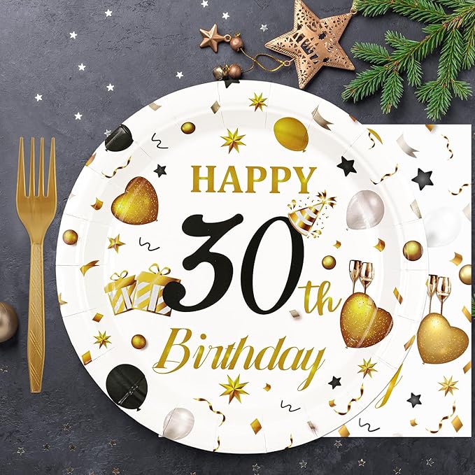 75PCS 30th Birthday Plates and Napkins Party Decorations, 7 Inch White and Gold Happy 30th Birthday Paper Dessert Cake Plates and Napkins Set Disposable Tableware Party Favors for Women Men