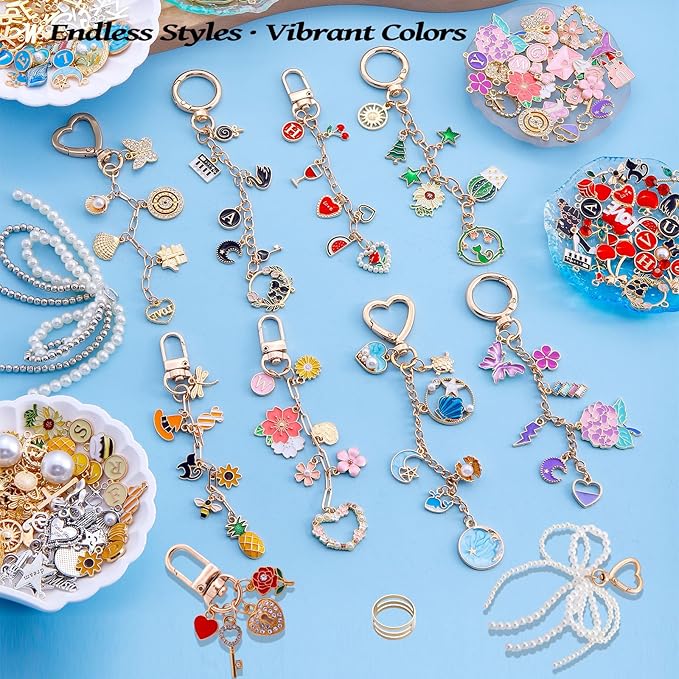 Wurosi 544Pcs Charms Lip Gloss Keychain Making Kit, Bag Charm Kits with Key Chain Hooks, Charms, Chains, Jump Rings, Lobster Clasps, Plier, Gift Bags & Tools, DIY Craft Supplies, Valentines Gifts