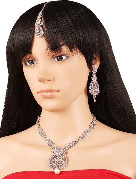 Touchstone Indian jewelry sets for women maang tikka wedding guest gold necklace bollywood jewellery set pageant elegant prom bride accessories western crystal chunky rhinestone necklaces