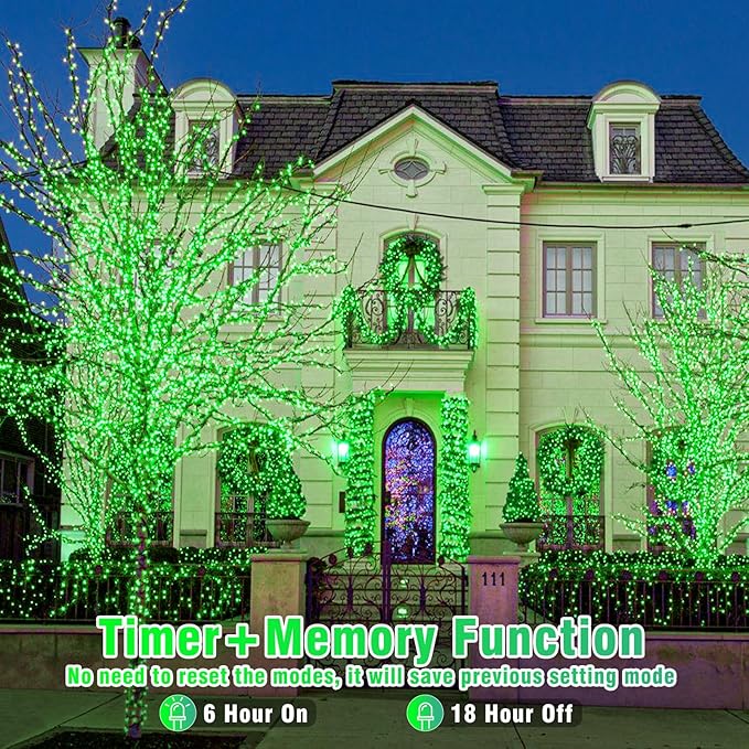 500 LED Green Christmas Lights Outdoor, 165ft Green String Lights Indoor Clear Wire 8 Modes Waterproof Plug in Twinkle Fairy Lights with Timer Memory for Room Tree Party Decorations