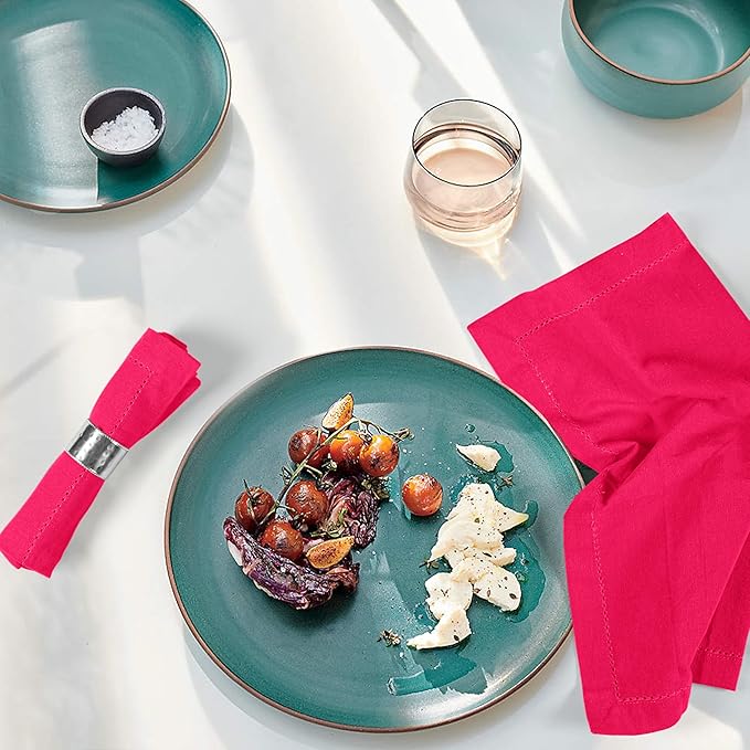 Palisa Cloth Dinner Napkins with Hemstitched Detailing & Mitered Corners Set of 12 (18x18 Inches) Hot Pink - Cotton Reusable Napkins for Easter Basket Decor, Table Linen for Weddings & Everyday Use