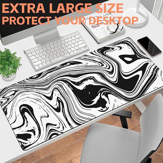 Mouse Pad Large Black and White Fluid Non-Slip Gaming Desk Mat with Stitched Edge Laptop Keyboard Desk Pad for Work Home Gaming (35.4 x 15.7 Inches)