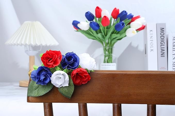 100pc Mini Patriotic Roses Head Bulk, 4th of July Artificial Small Rose Flower for Independence Day DIY Decor 1.3 Inch Red White and Blue Flower for Wedding Arrangement