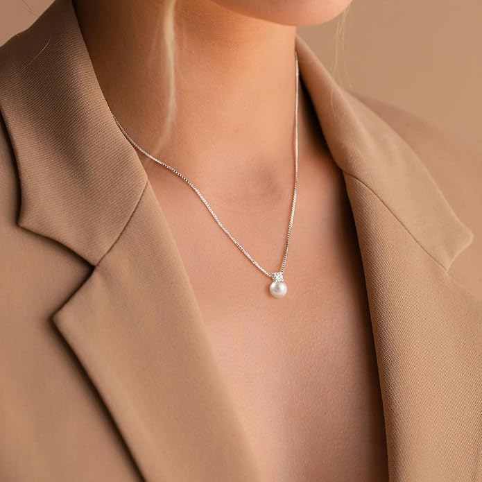 WFYOU Pearl Necklaces for Women Trendy 6MM 8MM 10MM Dainty Round Natural Freshwater Pearl Necklace Silver 14K Gold Plated CZ Pearls Necklaces for Women Birthday Bridesmaid Wedding Gifts Pearl Jewelry