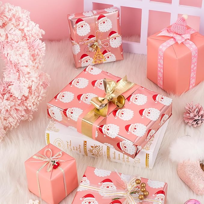 WRAPAHOLIC 30 Inch Jumbo Reversible Christmas Wrapping Paper - 30 Inch x 33 Feet - Santa Claus Wrapping Paper and Solid Rose Gold Design with Metallic Foil Shine for Chrsitmas, Holiday, Party