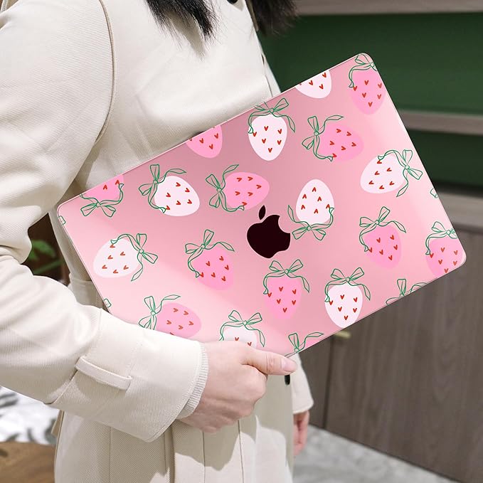 MEEgoodo Case for MacBook Air M4/M3/M2 13.6 inch 2025 2024 2022, Fit Model A3240 A3113 A2681, Compatible with MacBook Air 13 inch, Laptop Hard Shell Case with Keyboard Cover, Strawberry & Bow