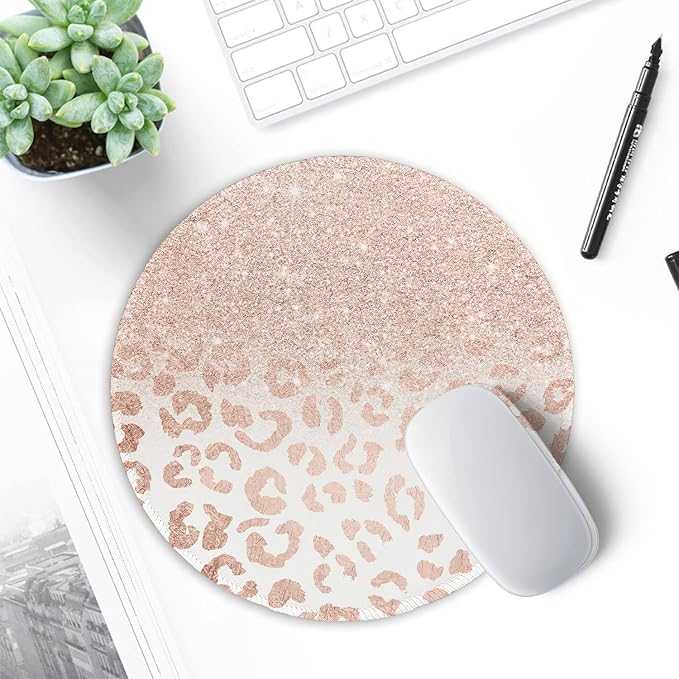 ITNRSIIET Round Mouse Pad with Stitched Edge Premium-Textured Waterproof Non-Slip Rubber Base Desktop Protection Mat Diameter 8.7 inches, Rose Gold Leopard Print