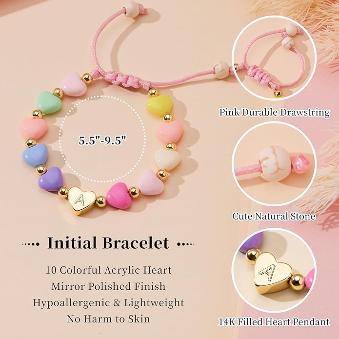 Valentines Day Gifts for Kids Women Girls, Initial Heart Bracelets for Teen Girls Young Women Bulk, Cute Preppy Letter A-Z Charm Bracelet, Personalized Happy 3-18 Year Old Birthday Gifts for Daughter, Lover, Sisters, Toddler