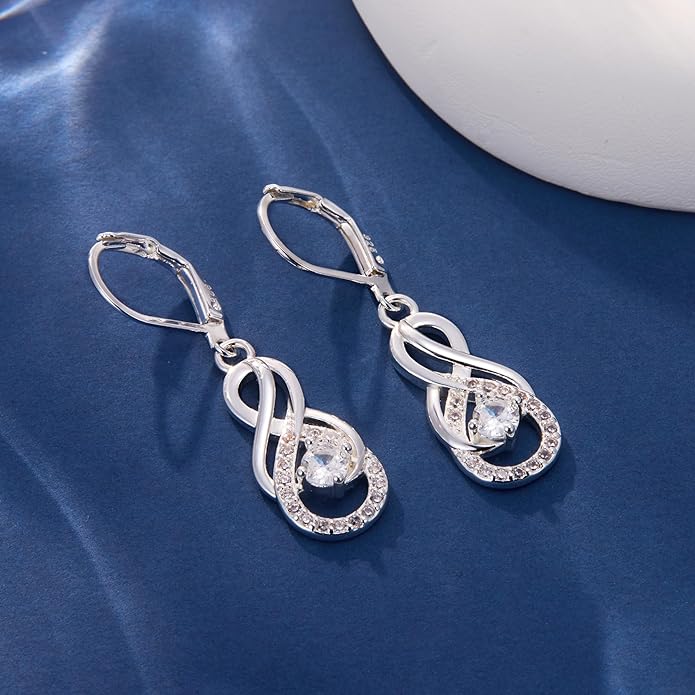 Sterling Silver Dangle Earrings for Women Trendy Hypoallergenic Leverback Silver Drop Earrings with Cubic Zirconia Double Twisted Infinity Heart Ball Charm Dangle Drop Earring Jewelry