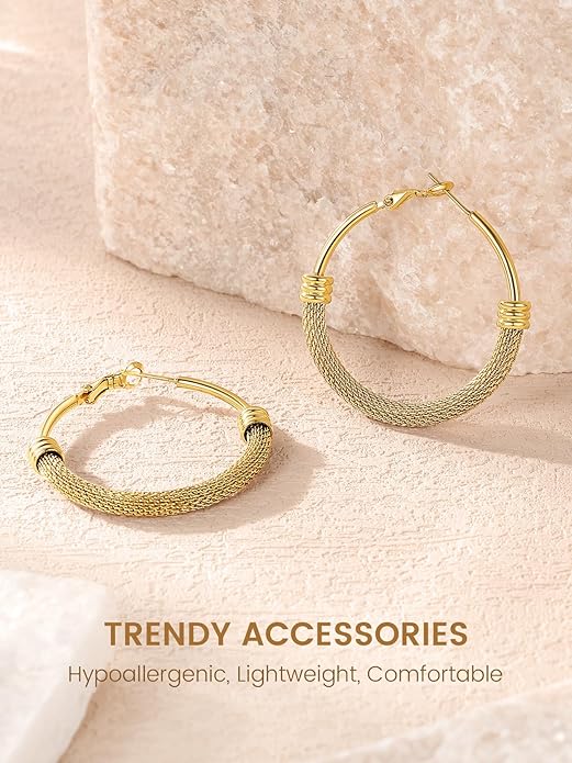 KeyStyle Mesh Hoop Earrings for Women, Stainless Steel Gold Hoops Earring Lightweight Loops, 2MM Thick Hypoallergenic Circle Endless Hollow Hoop 20mm-80mm